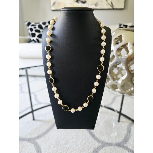 1928 Gold Pearl Black Stone Necklace New - Picture 1 of 3